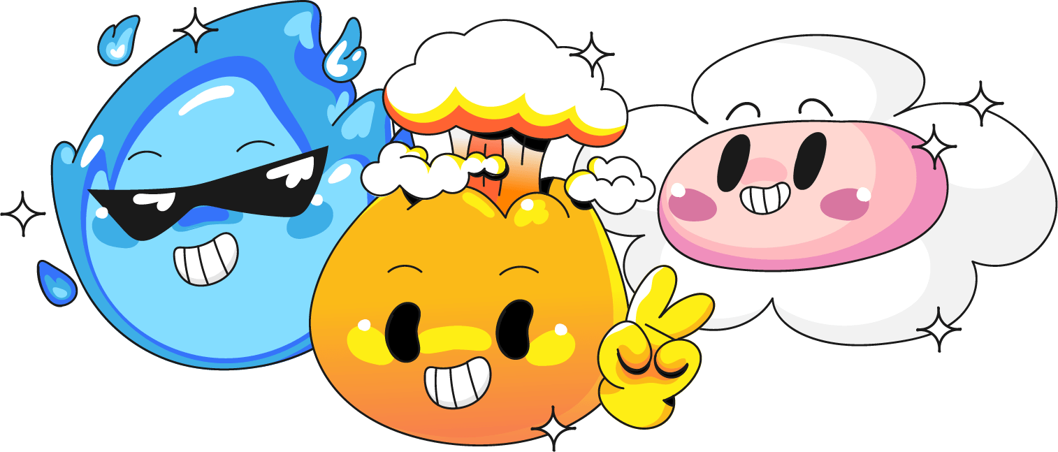 Mascotes da campanha: gota d'água de óculos escuros, explosão sorridente fazendo sinal de paz e nuvem rosa